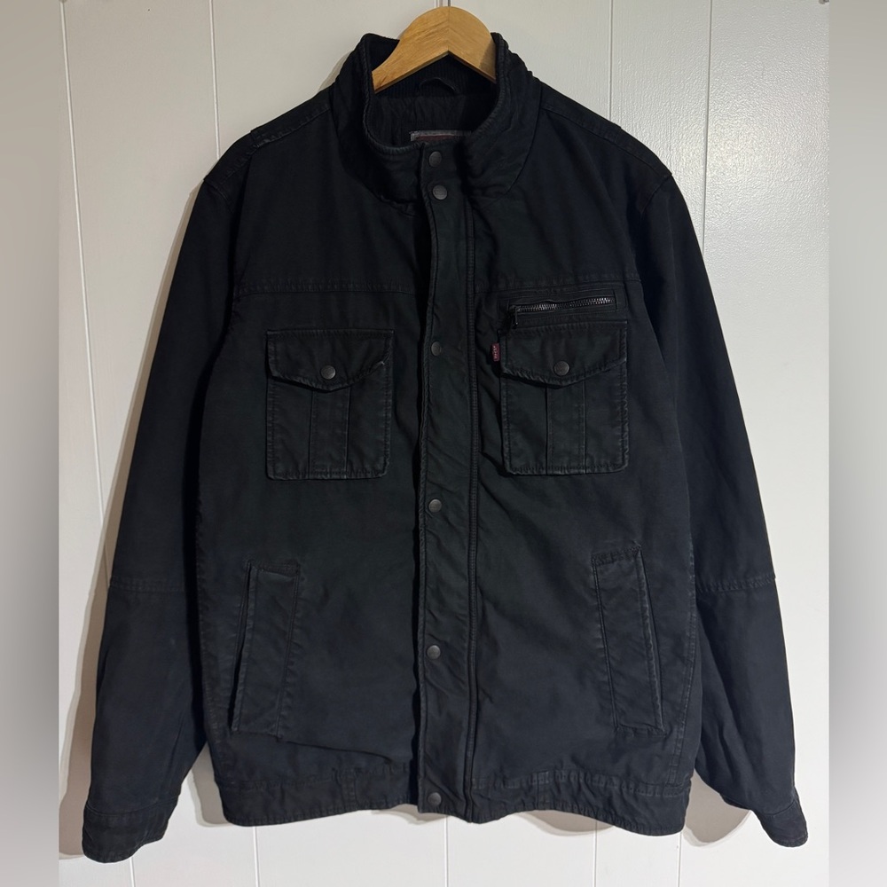 Levis Mens Trucker Work Jacket Black Denim Quilted Lining Button/Zip XL Vintage